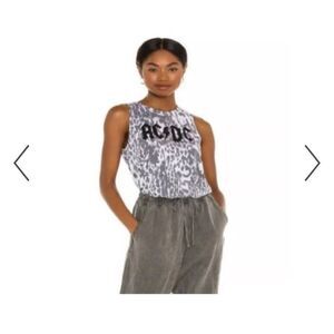 New Chaser AC/DC Band Logo Tank Leopard Cheetah Print Women XSmall White Gray Xs